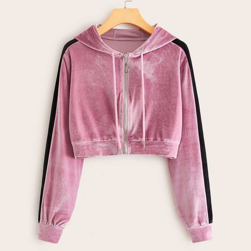 

Contrast Panel Zip-up Velvet Crop Hooded Jacket, Pink