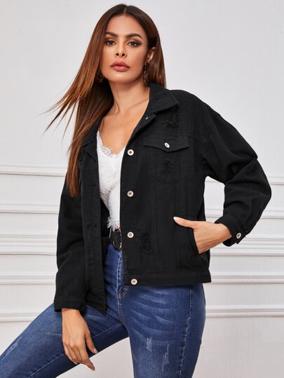 Ripped Button Up Denim Trucker Jacket