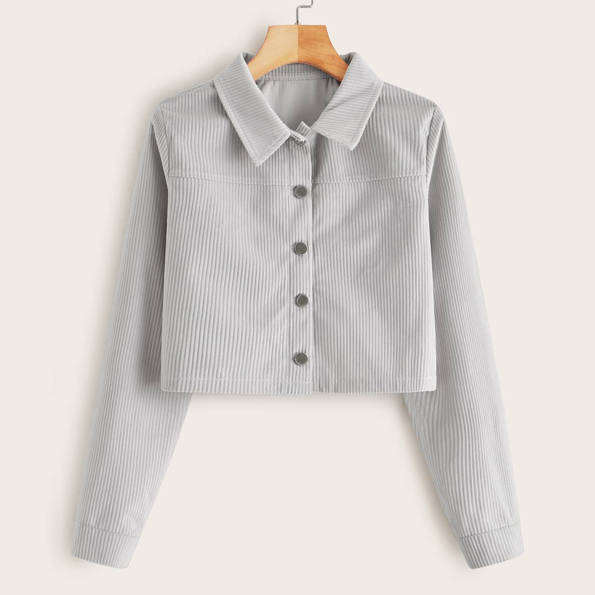 

Solid Button Front Corduroy Crop Jacket, Grey