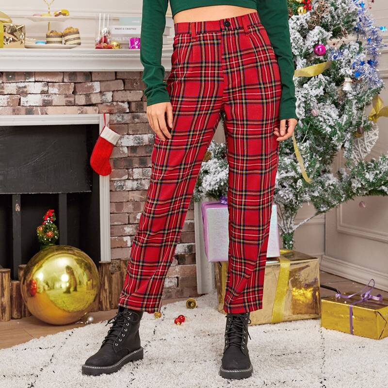 

High Waist Tartan Plaid New Year Pants, Red