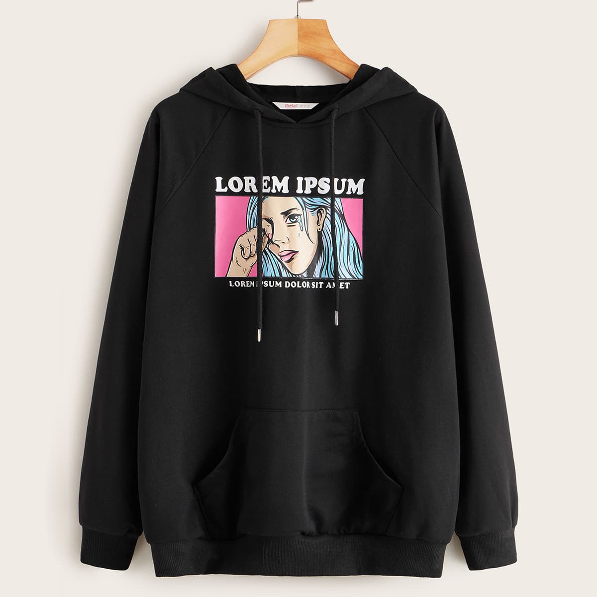 

Letter & Figure Graphic Kangaroo Pocket Drawstring Hoodie, Black