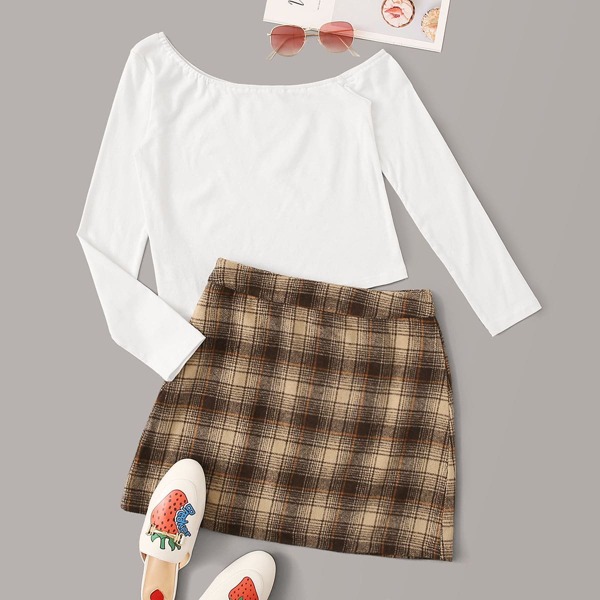 

Asymmetrical Neck Tee & Tartan Mini Skirt, Multicolor
