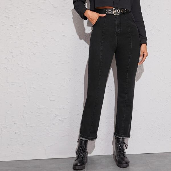 

Solid Mom Jeans Without Belt, Black