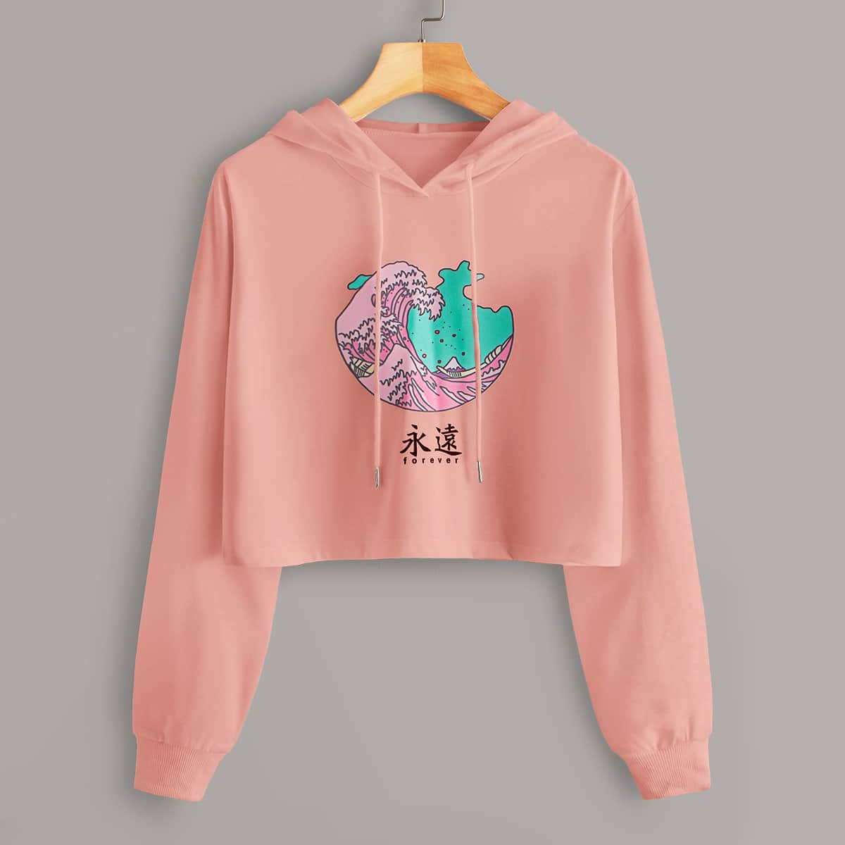 

Graphic Print Drawstring Crop Hoodie, Pink