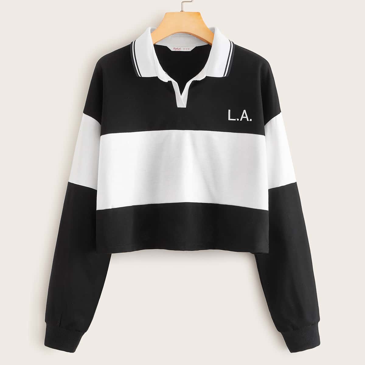 

Color-block Letter Embroidery Crop Sweatshirt, Black and white