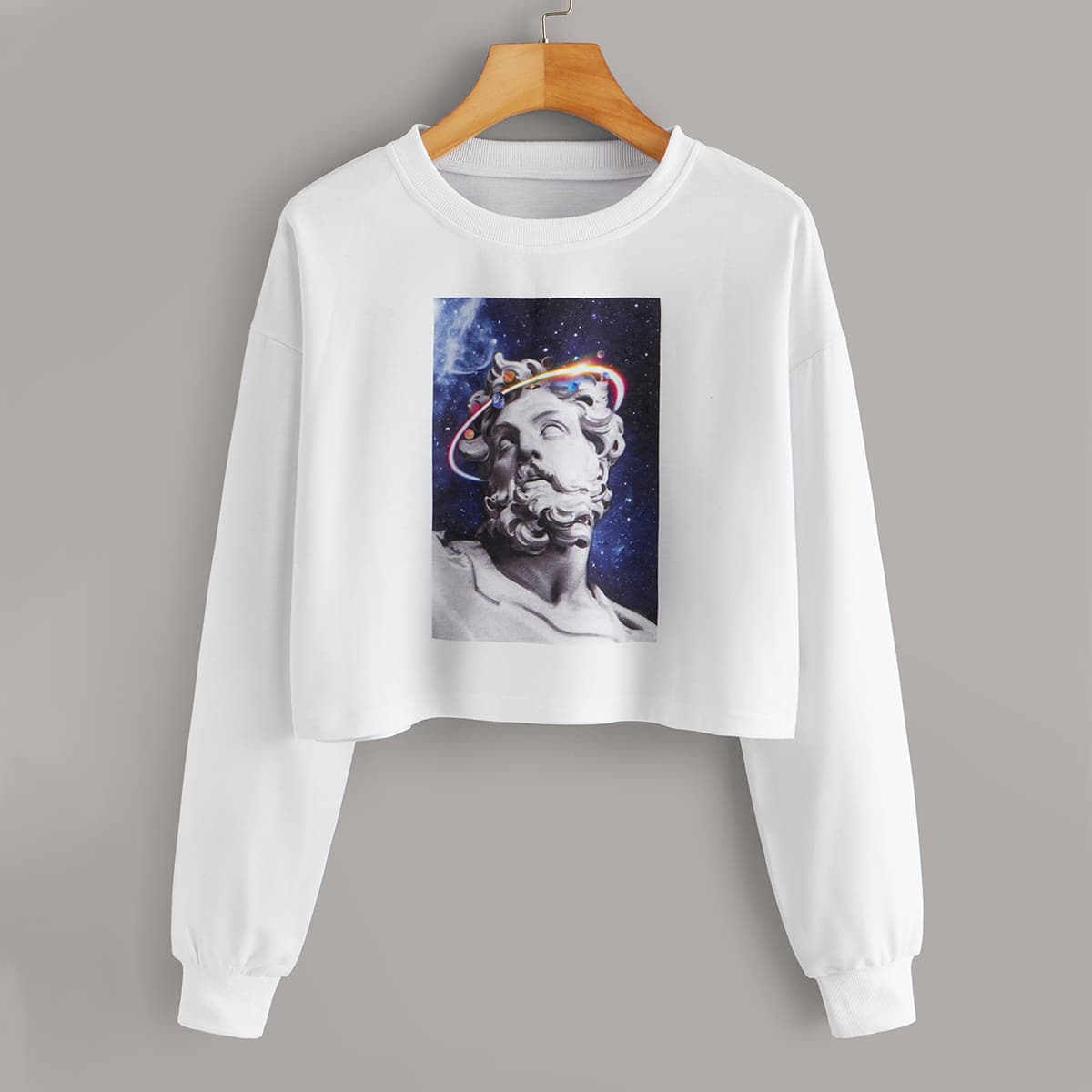 

Statue Print Drop Shoulder Crop Sweatshirt, White