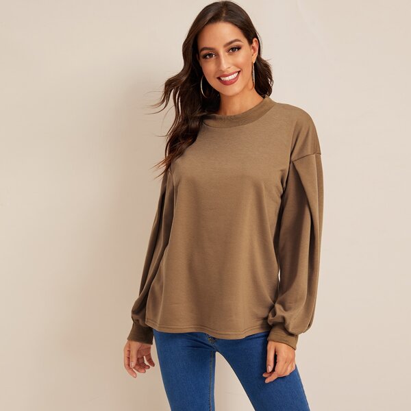 

Lantern Sleeve Drop Shoulder Solid Sweatshirt, Brown