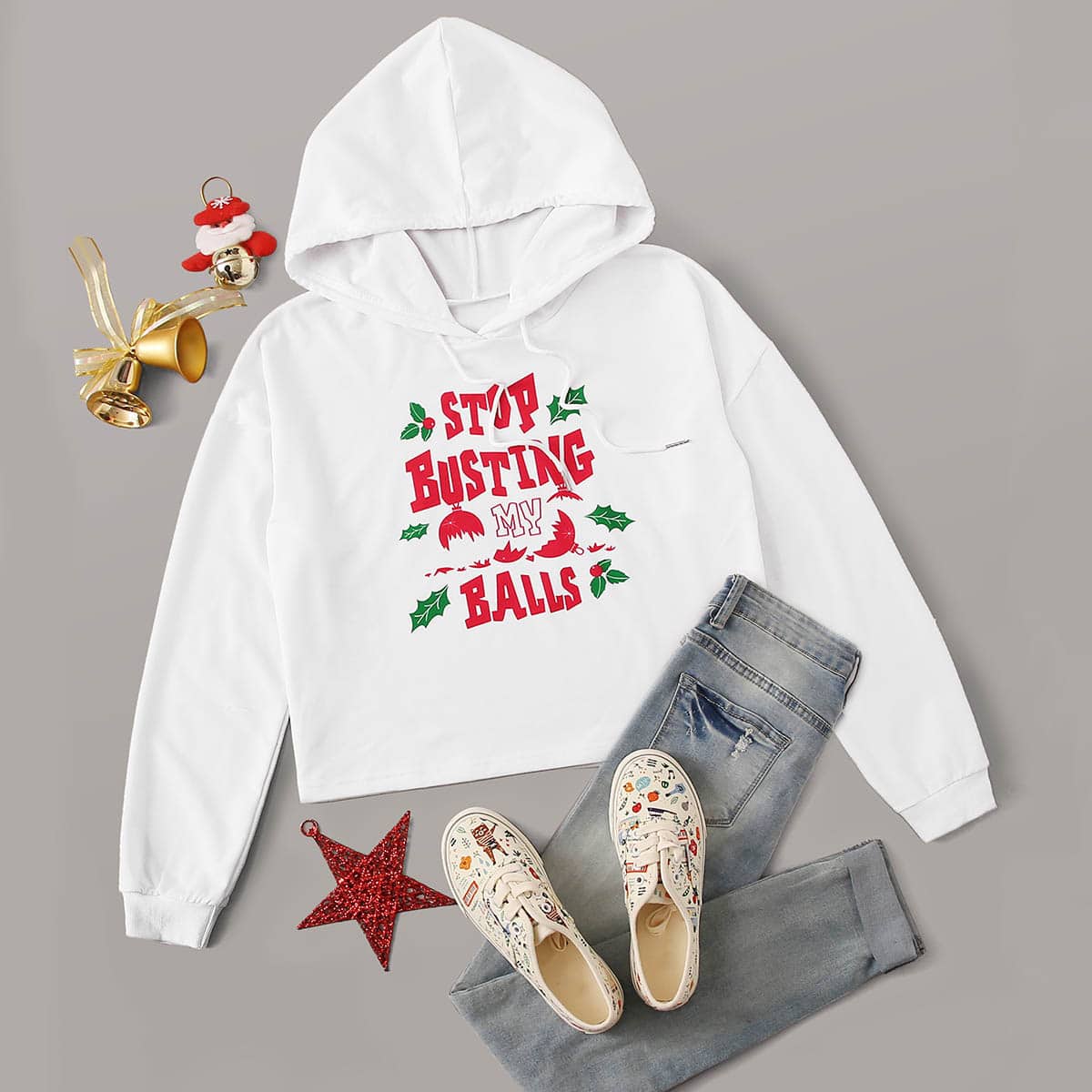 

Christmas & Slogan Graphic Drawstring Hoodie, White