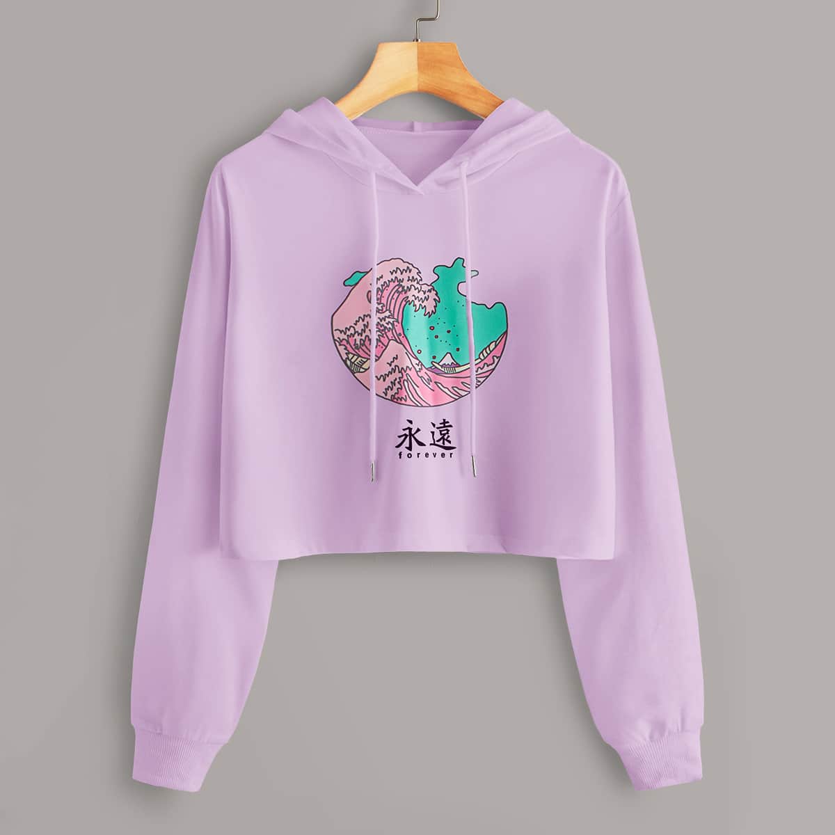 

Graphic Print Drawstring Crop Hoodie, Purple