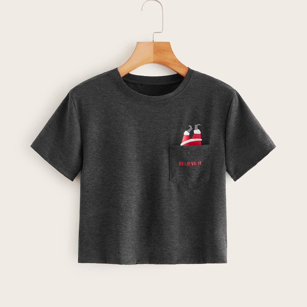 

Santa Claus & Letter Graphic Crop Tee, Grey