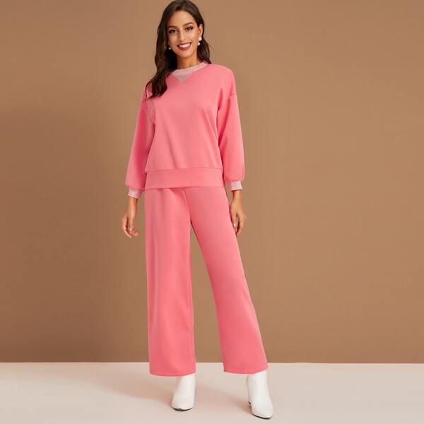 

Fishnet Panel Drop Shoulder Sweatshirt & Pants Set, Pink