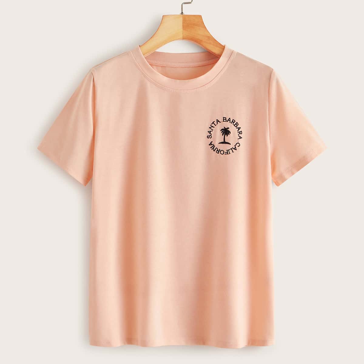 

Palm Tree & Letter Embroidery Short Sleeve Tee, Pink