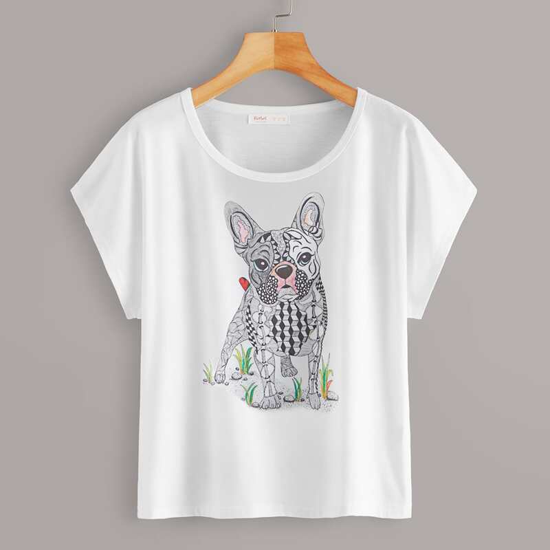 

Dog Print Cap Sleeve Tee, White
