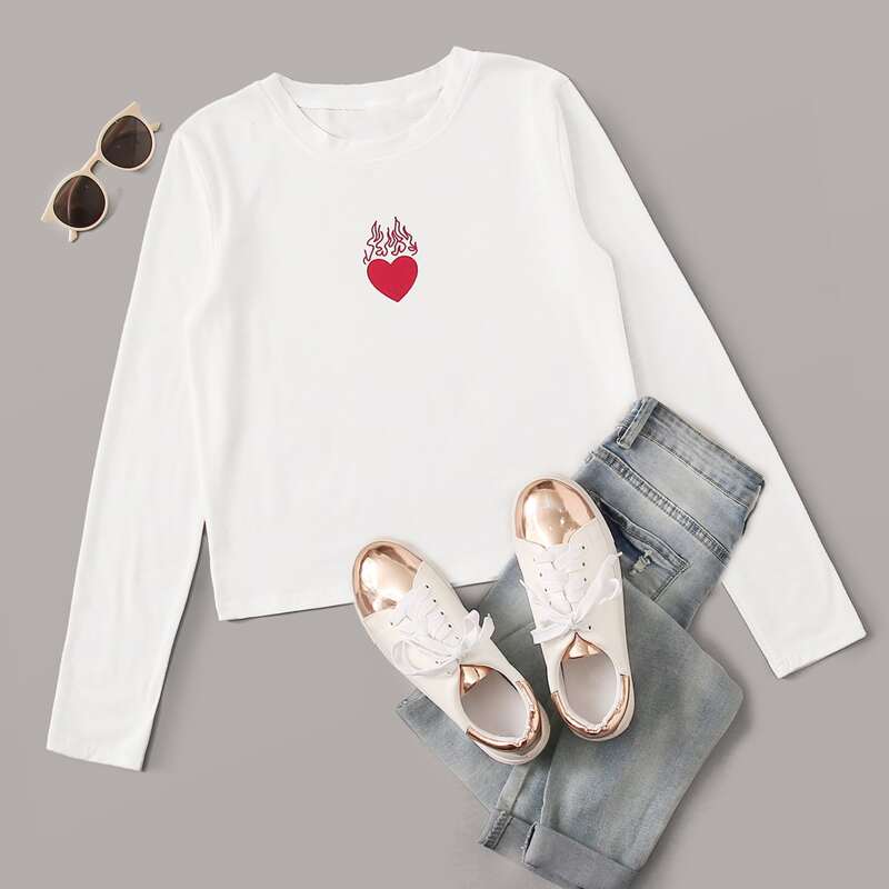 

Heart Print Long Sleeve Tee, White