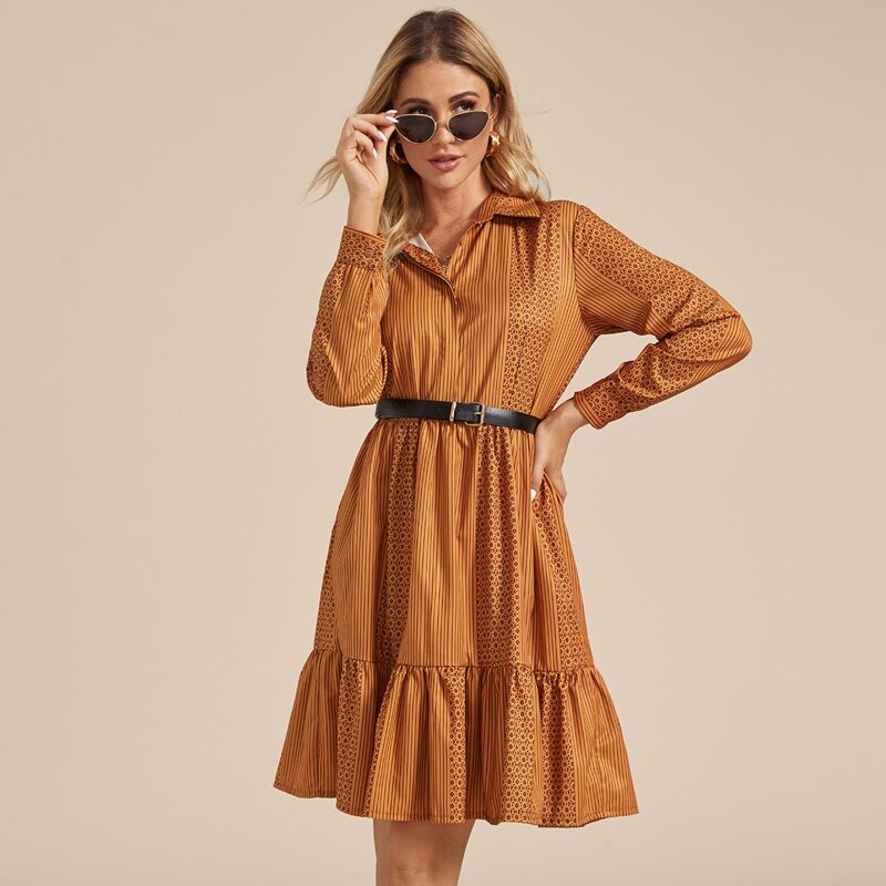 

Striped Flounce Hem Shirt Dress Without Belt, Yellow