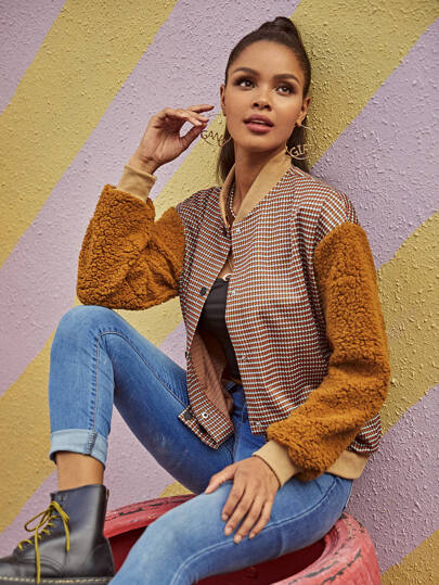 Houndstooth Contrast Teddy Sleeve Bomber Jacket