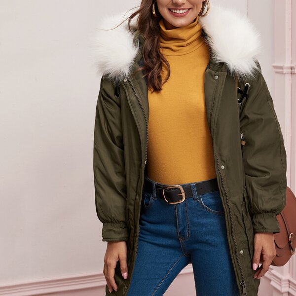 

Contrast Faux Fur Hooded Parka Coat, Army green