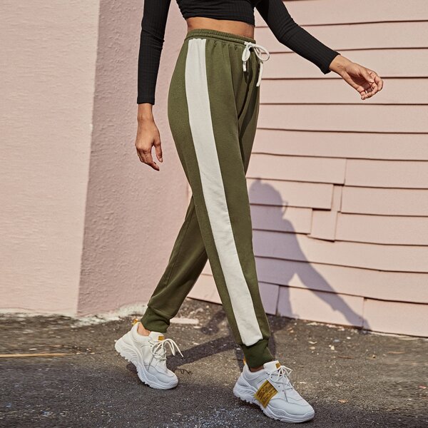 

Contrast Panel Drawstring Waist Sweatpants, Army green