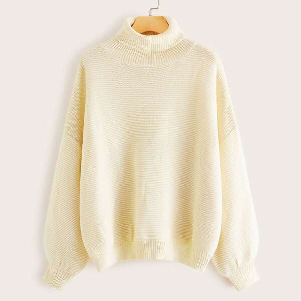 

Solid High Neck Ribbed Knit Sweater, Beige