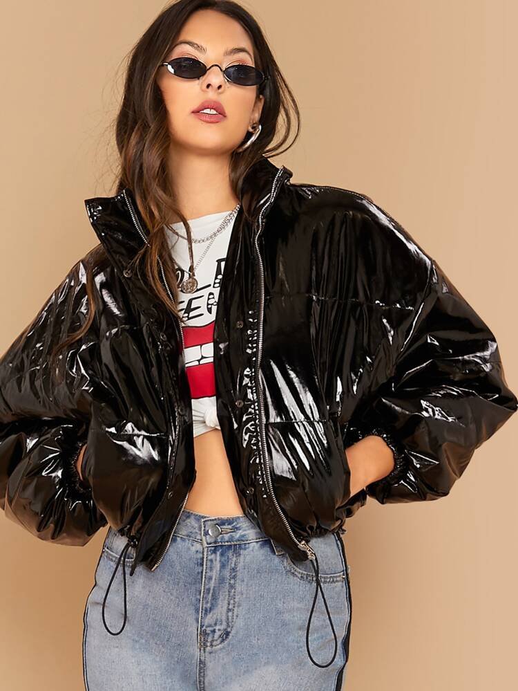 Zip Up Drawstring Hem Faux Patent Puffer Jacket - Faux Patent Leather Puffer Jacket Zip Up Drawstring Hem Faux Patent Puffer Jacket - Faux Patent Leather Puffer Jacket