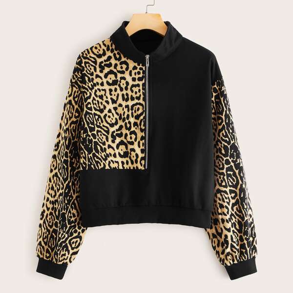 

Contrast Leopard Half Zip Sweatshirt, Multicolor