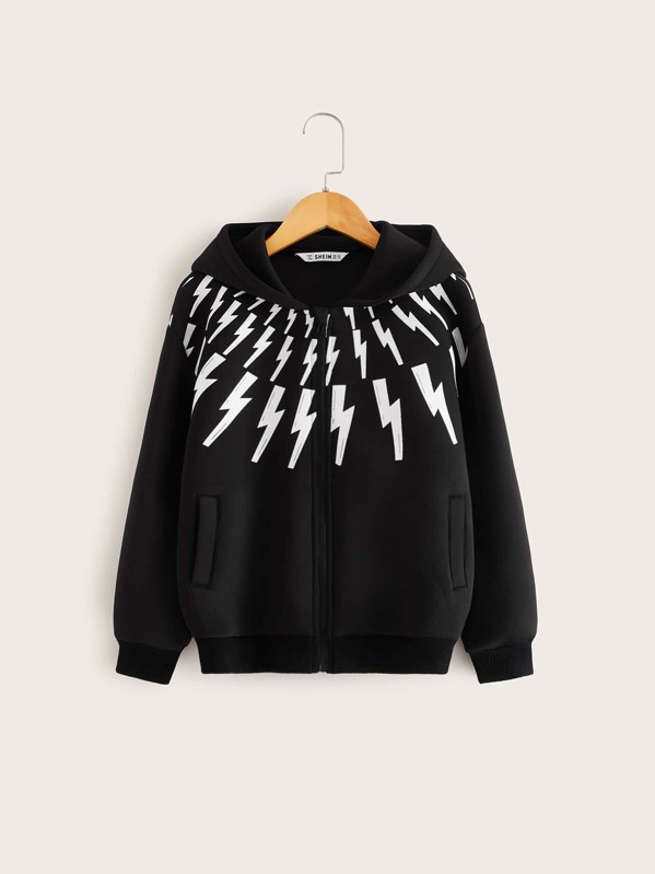 

Boys Lightning Print Zipper Up Hoodie Jacket, Black
