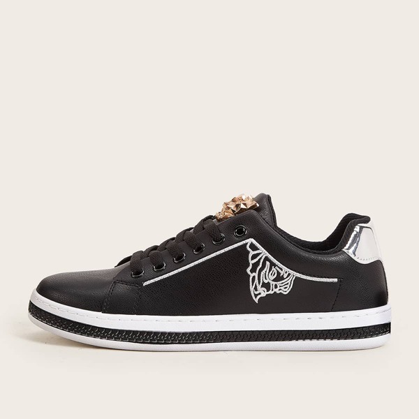 

Men Embroidered Detail Lace-up Front Sneakers, Black and white
