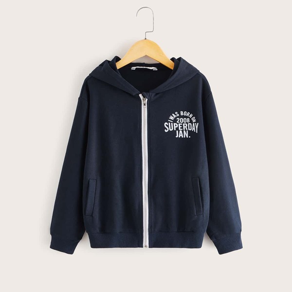 

Boys Slogan Graphic Zip Up Hooded Sweatshirt, Navy blue