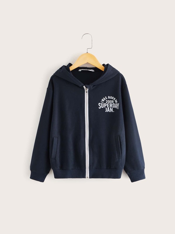 

Boys Slogan Graphic Zip Up Hooded Sweatshirt, Navy