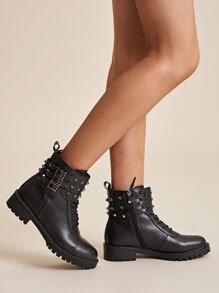 Spiked Decor Side Zip Lug Sole Boots