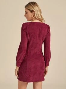 Solid Button Through Square Neck Corduroy Dress - Burgundy - View 2