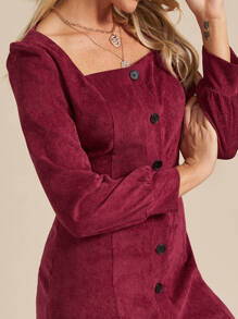 Solid Button Through Square Neck Corduroy Dress - Burgundy - View 4