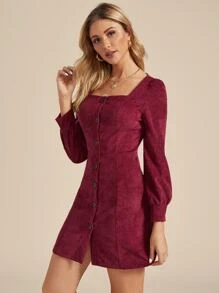 Solid Button Through Square Neck Corduroy Dress - Burgundy - View 5