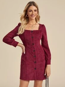 Solid Button Through Square Neck Corduroy Dress - Burgundy - View 1