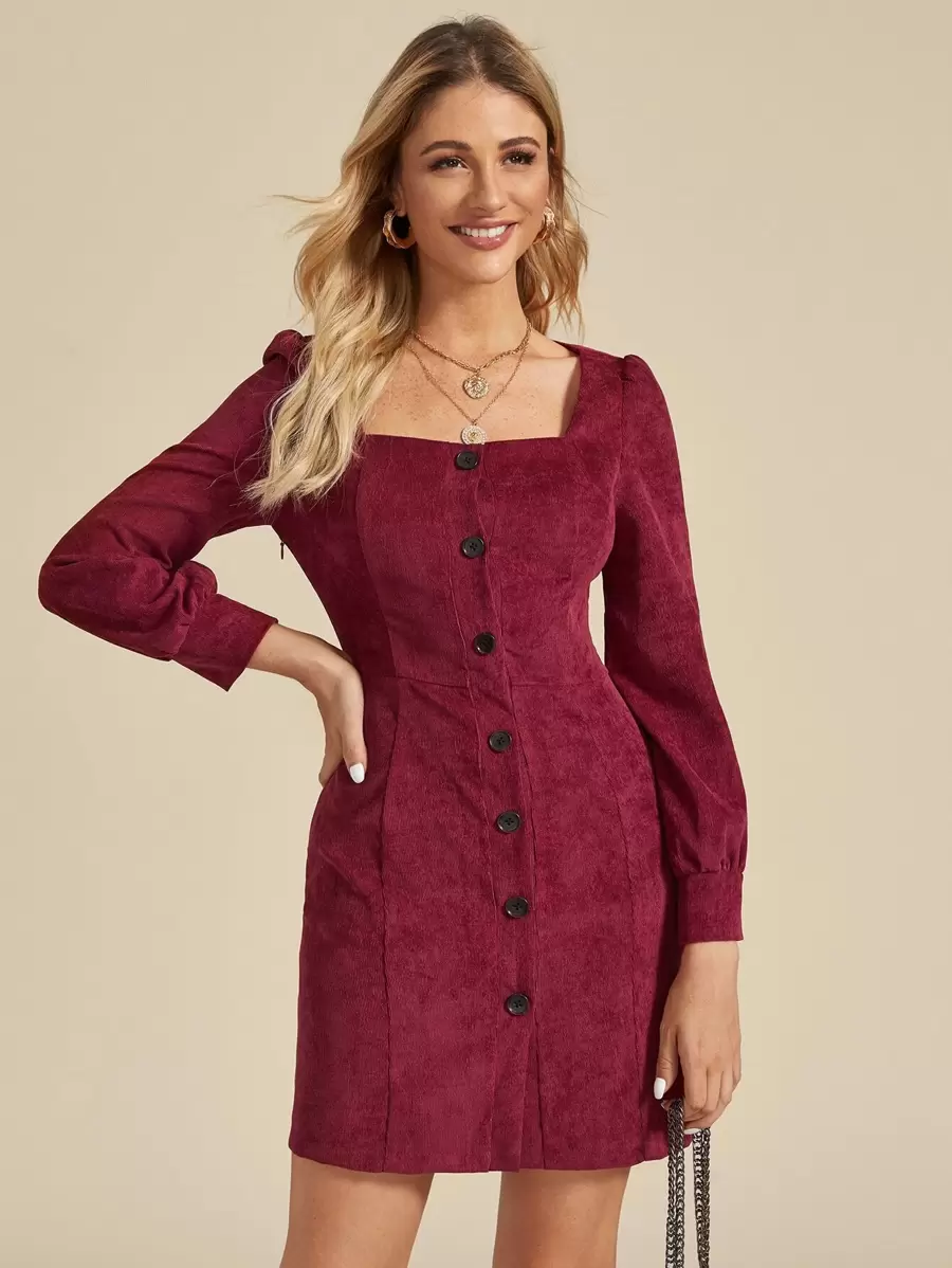 Solid Button Through Square Neck Corduroy Dress - Burgundy - View 1