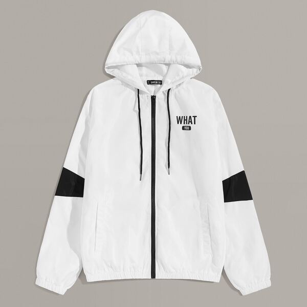 

Men Slogan Graphic Zipper Drawstring Hooded Jacket, White