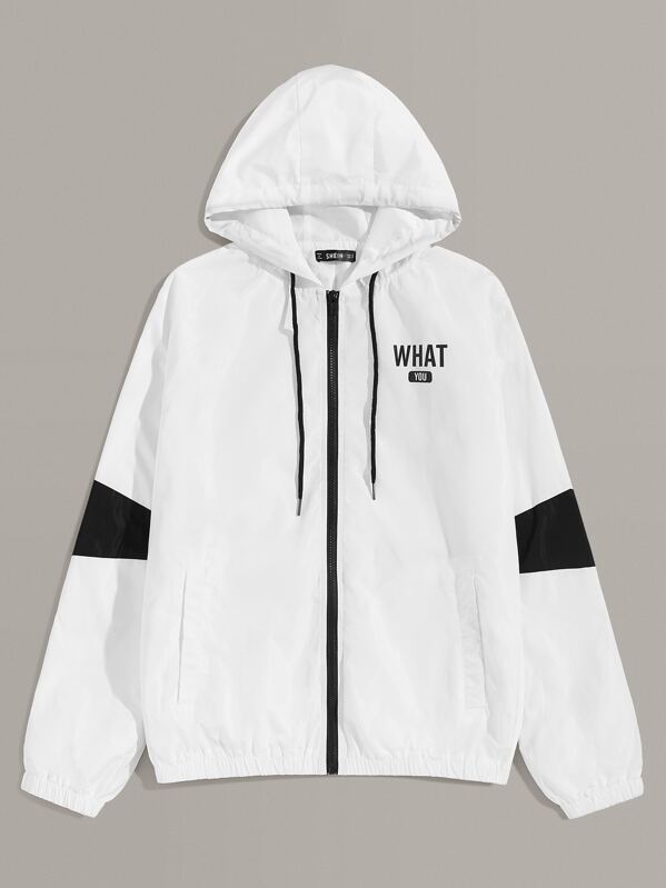 

Men Slogan Graphic Zipper Drawstring Hooded Jacket, White