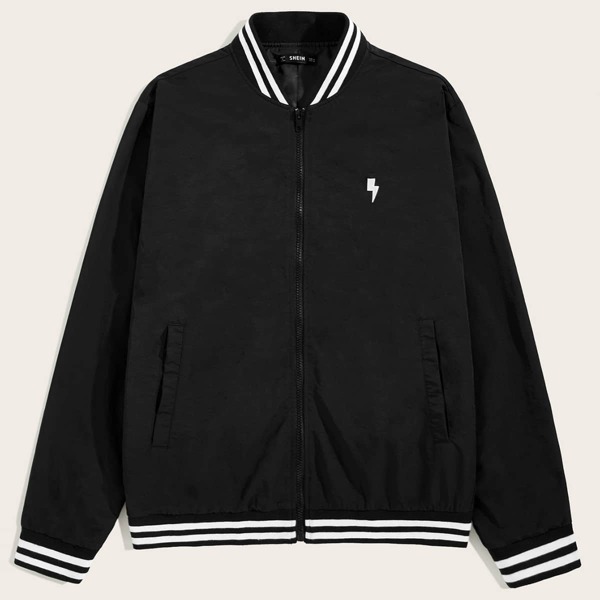 

Men Zipper Embroidery Detail Striped Baseball Jacket, Black