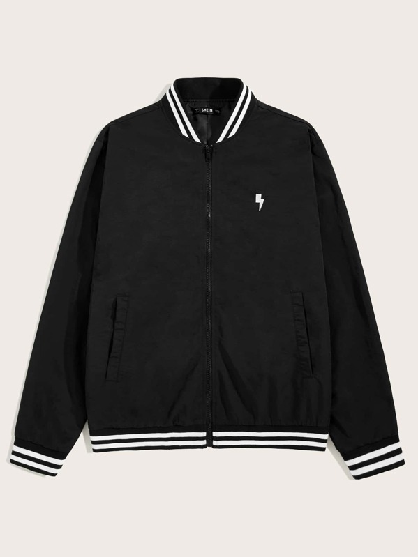 

Men Zipper Embroidery Detail Striped Baseball Jacket, Black