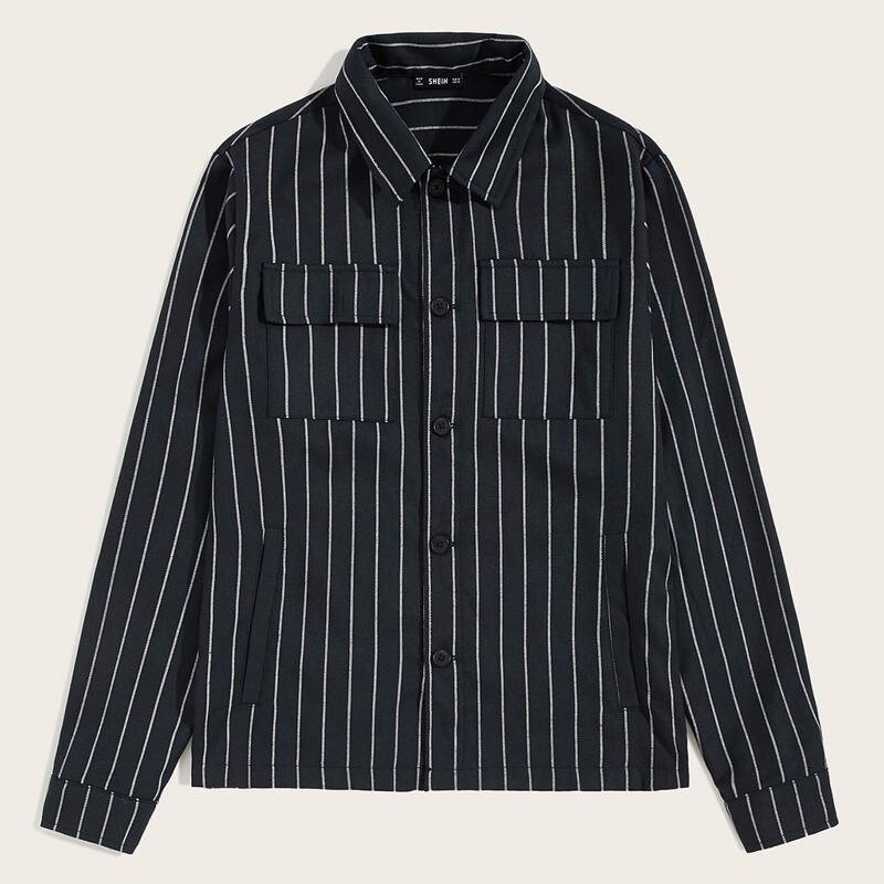 

Guys Button Front Striped Overshirt, Navy