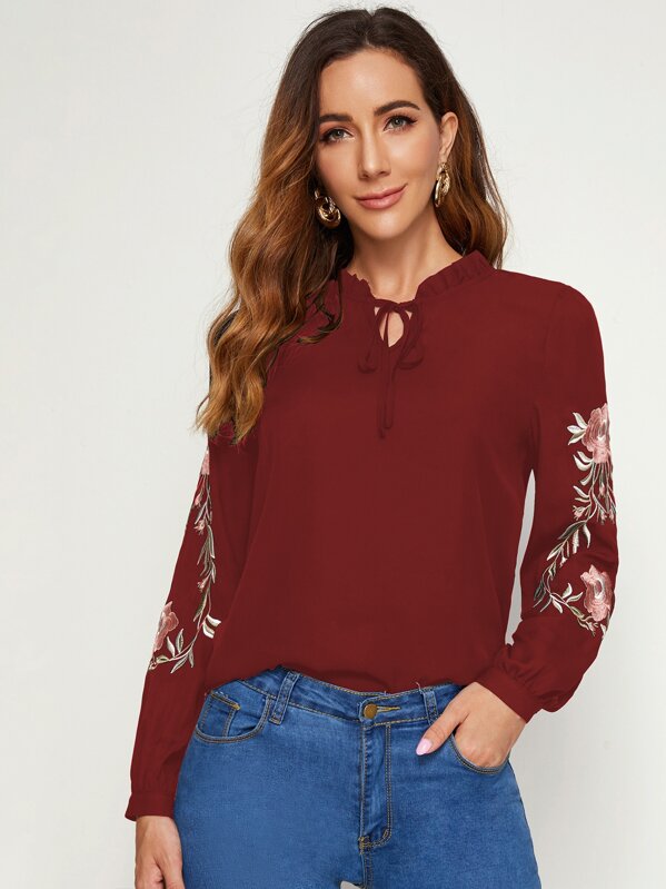

Frill Tie Neck Embroidery Detail Blouse, Burgundy, Denisa