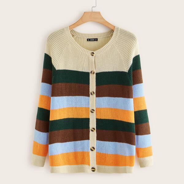 

Plus Striped Colorblock Raglan Sleeve Button Front Cardigan, Multicolor