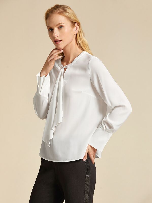 

Premium Solid Tie Neck Top, White, Denisa