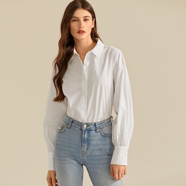 

Premium Solid Lantern Sleeve Blouse, White