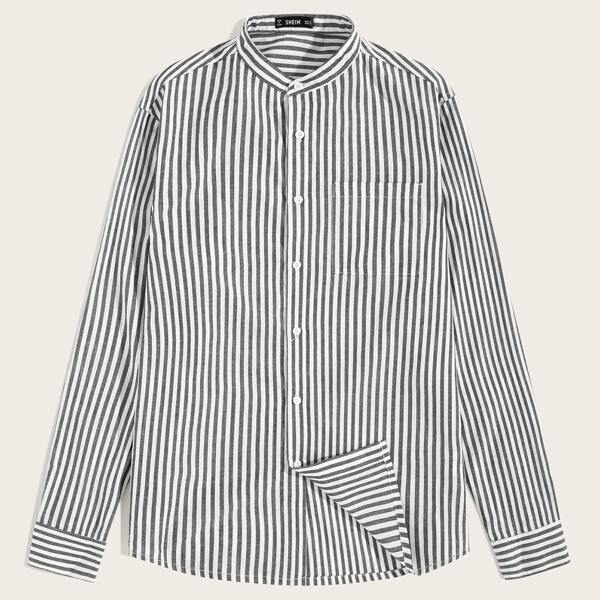 

Men Pocket Front Striped Shirt, Black and white