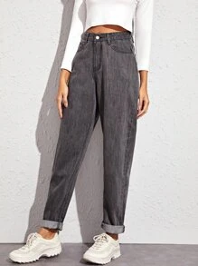 Solid Mom Jeans - Grey - View 4