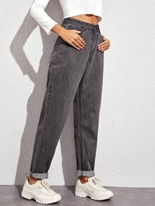 Solid Mom Jeans - Grey - View 5