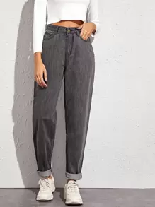 Solid Mom Jeans - Grey - View 1