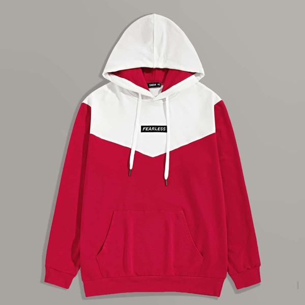 

Men Letter Embroidery Pouch Pocket Two Tone Hoodie, Red bright