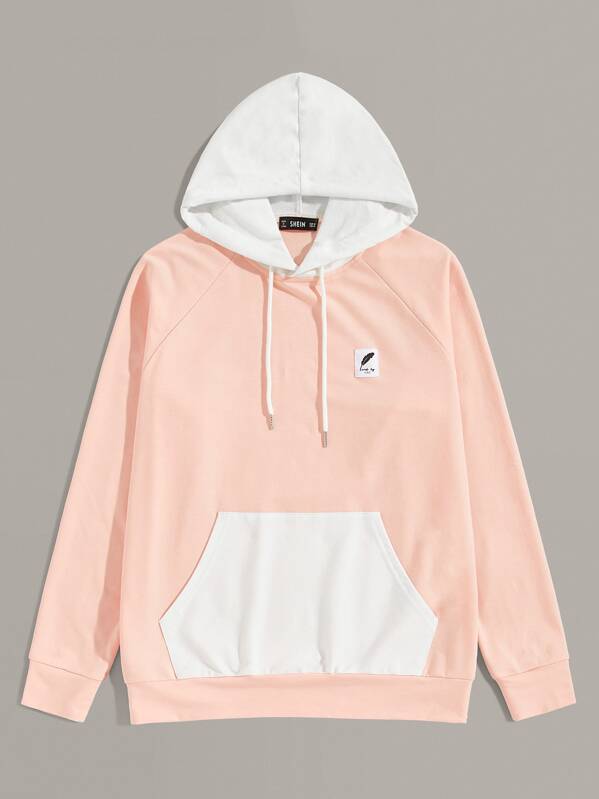 

Men Color Block Raglan Sleeve Drawstring Hoodie, Pink